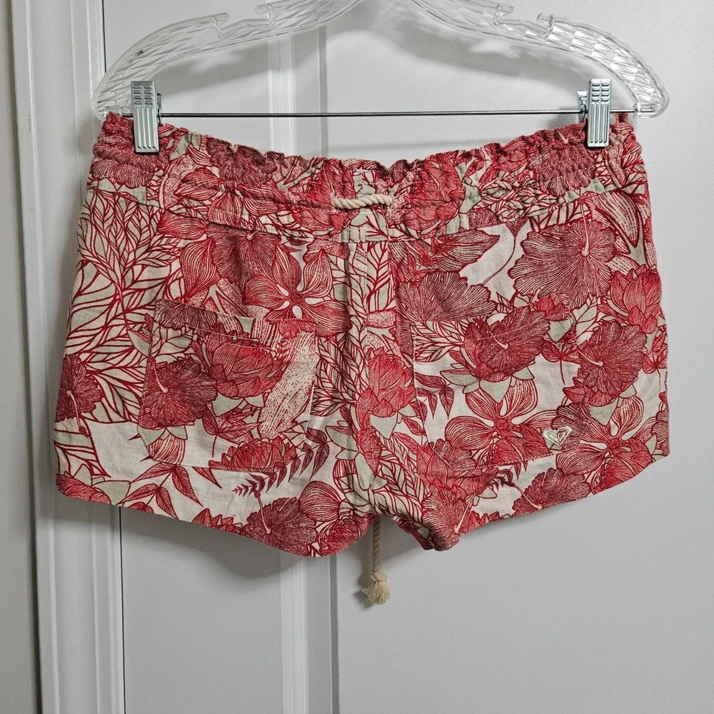 Roxy Linen Blend Shorts Womens Small Red Floral Paperbag Waist Rope Drawstring
